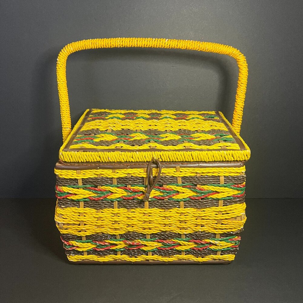 Vintage Sears Yellow & Brown Woven Wicker Hinged Lid Sewing Basket Box w/ Handle